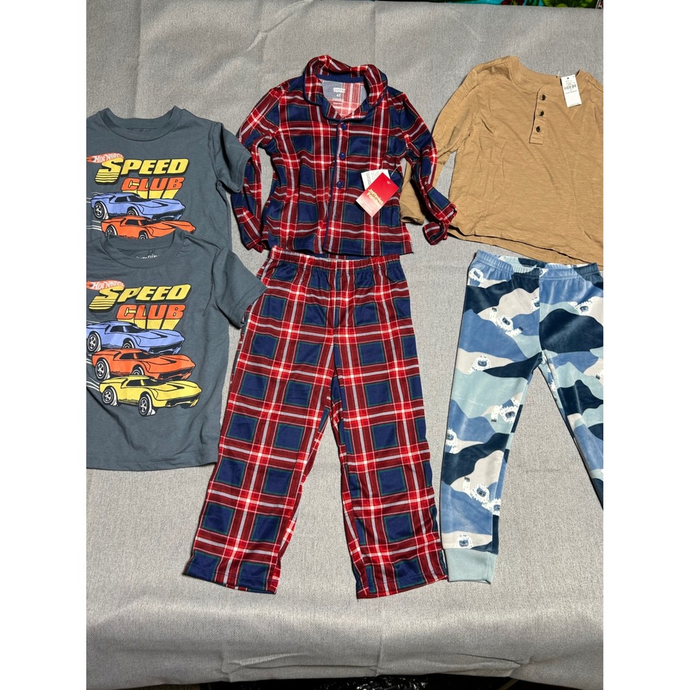 Jumping Beans Carter's Boys 4T‎ Pajama Set Lot 6pc Plaid Hot Wheels Blue Tan